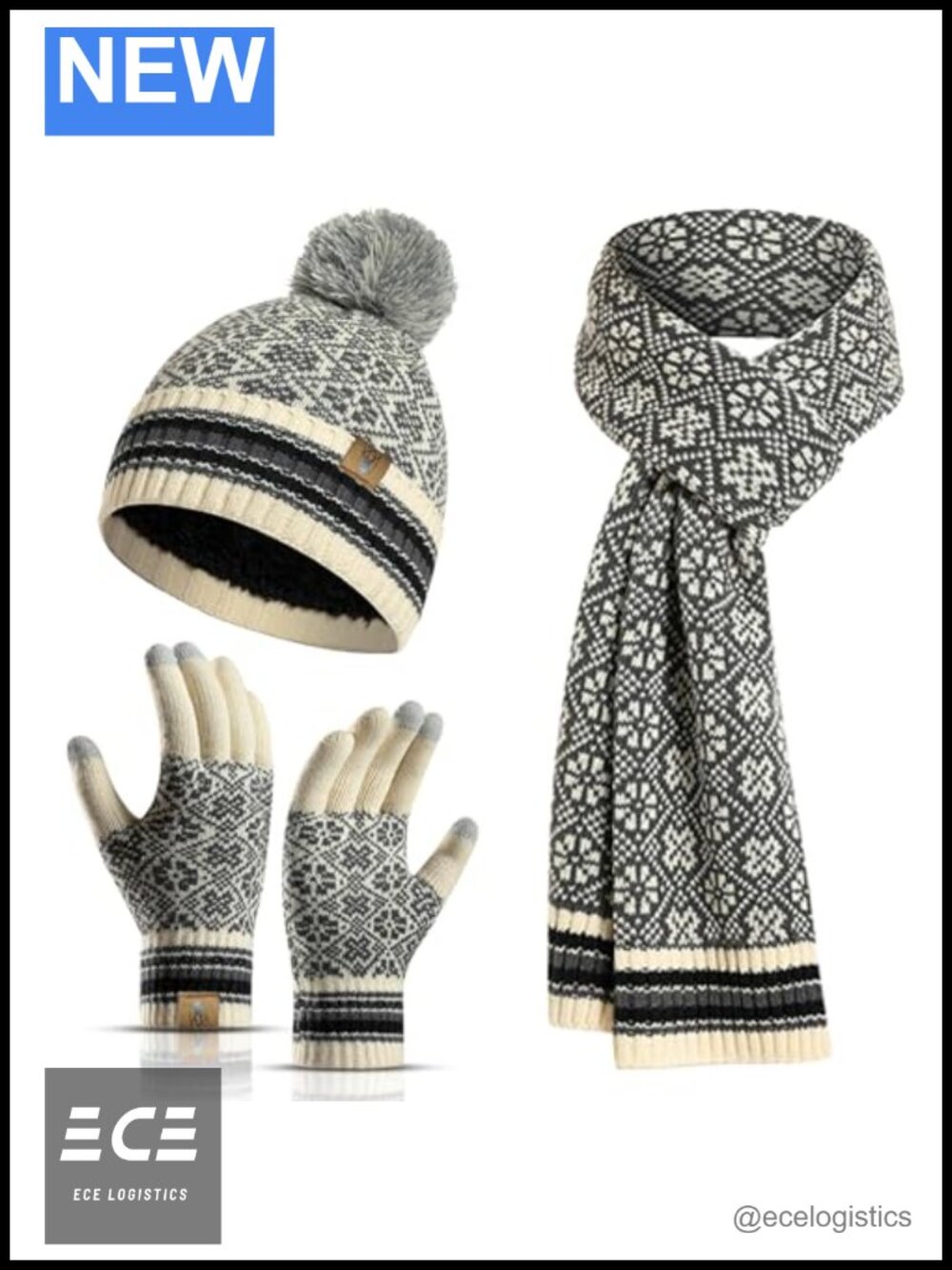 Acrylic Knit Beanie Scarf and Touchscreen Gloves 3 Piece Set